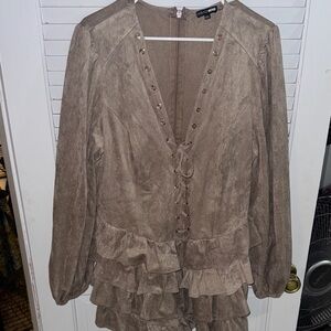 Fashion Nova Taupe Lace-Up Ruffle Dress